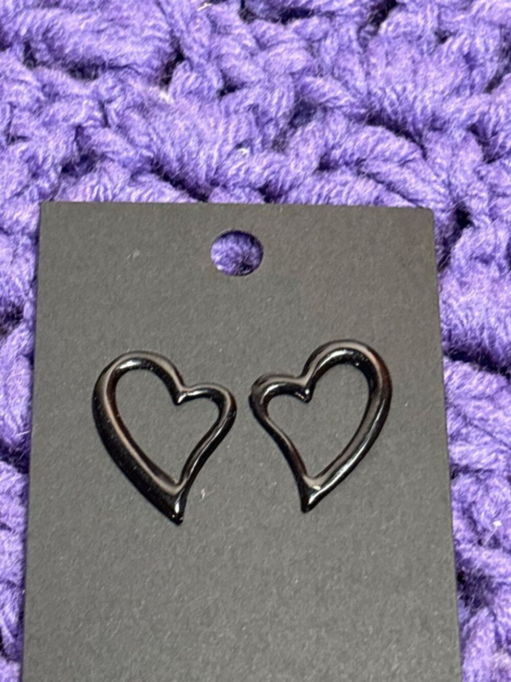 Vintage Black Enameled Metal Heart Stud Earrings 0.75 inch